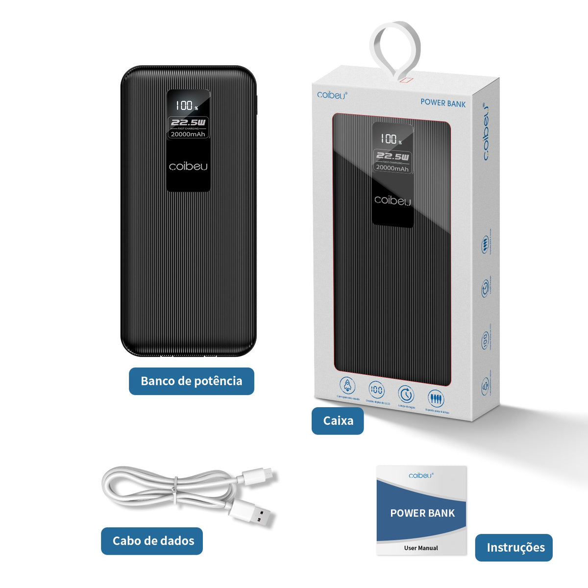 Power Bank Portátil Com Cabos Embutidos E Visor Digital