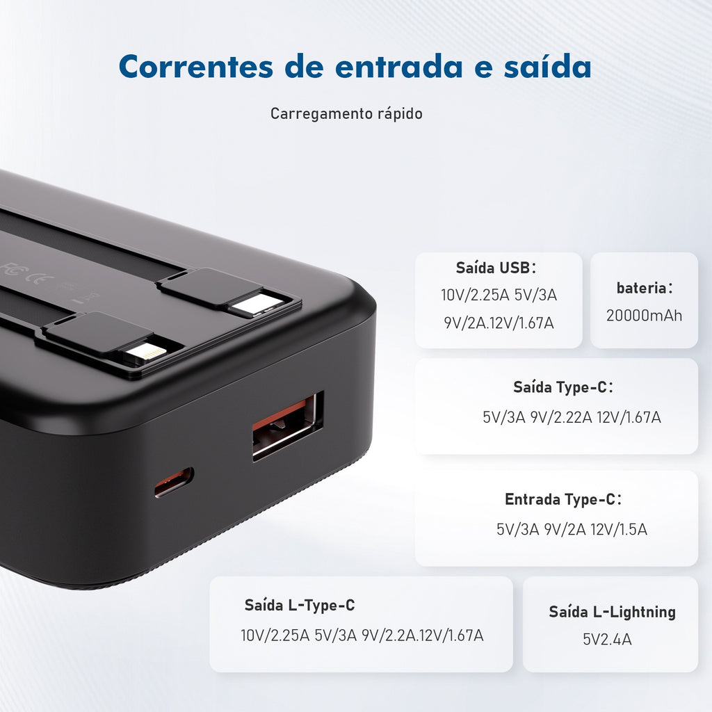 Power Bank Portátil Com Cabos Embutidos E Visor Digital