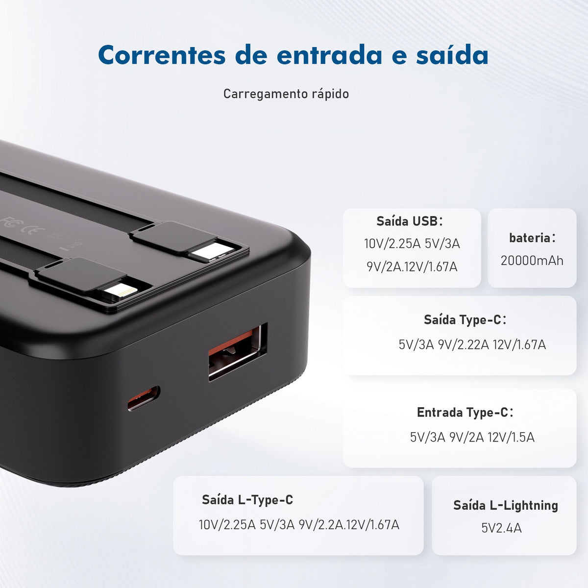 Power Bank Portátil Com Cabos Embutidos E Visor Digital