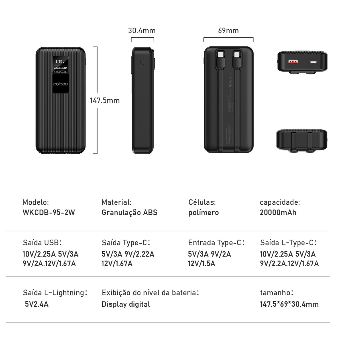 Power Bank Portátil Com Cabos Embutidos E Visor Digital